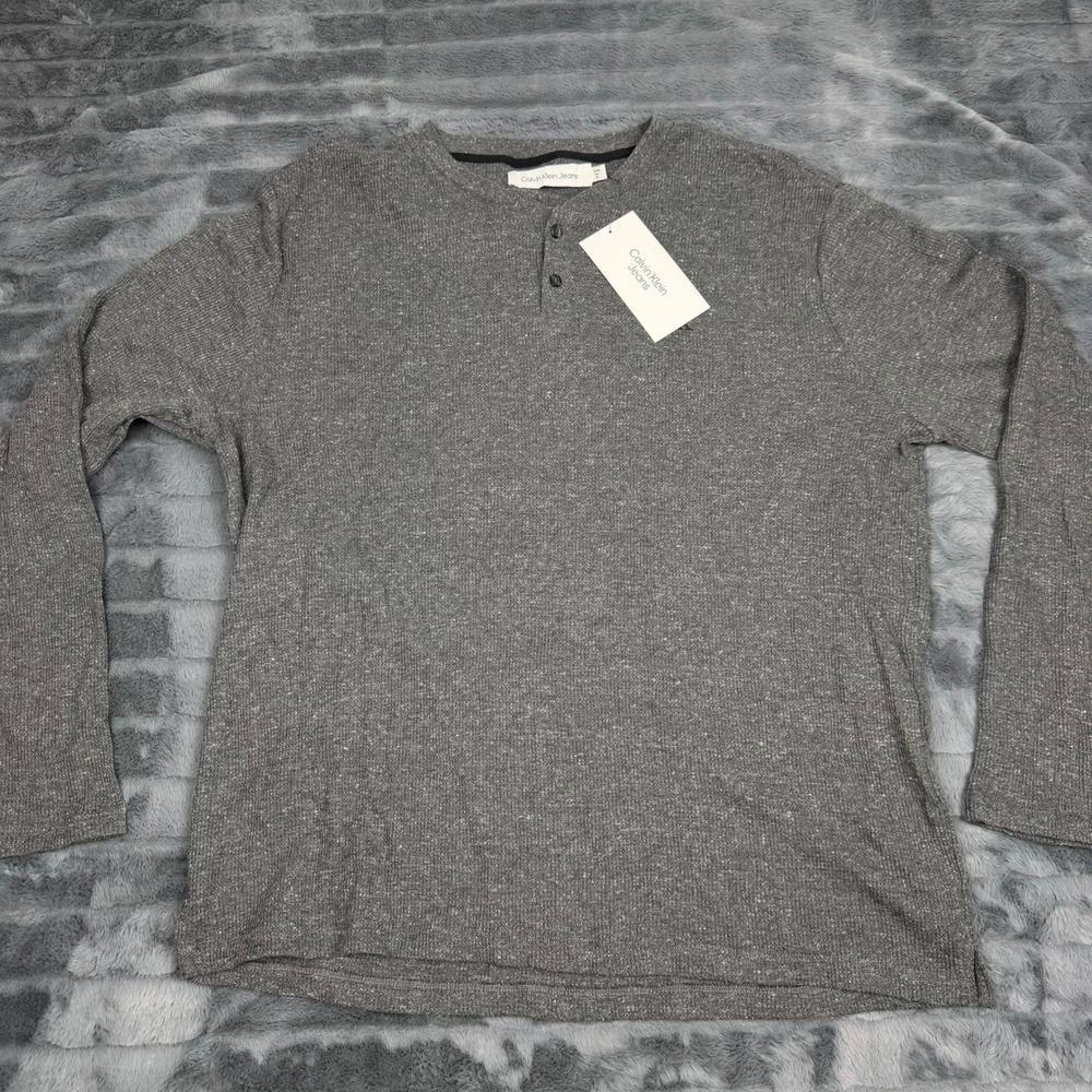 Calvin Klein Jeans Mens XL Henley Long Sleeve Shirt Black Ink Htr Waffle NEW